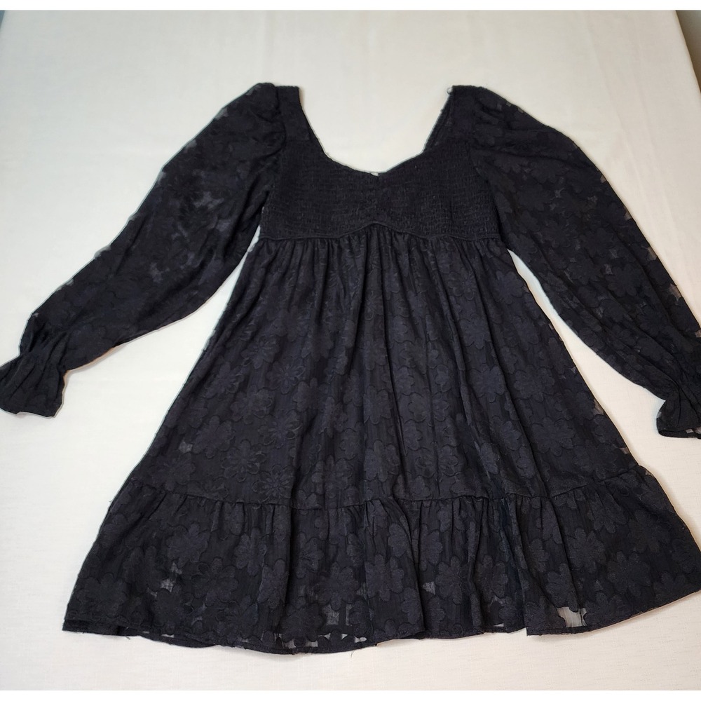 Allison & Kelly Black Floral Feminine Smocked Babydoll Mini Dress Whimsygoth XL